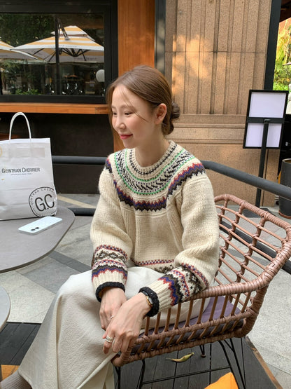 // 10%wool復古花紋圓領毛衣