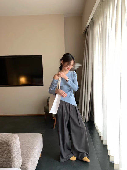 // 50%cotton+50%loycell親膚斜肩不規則長袖上衣