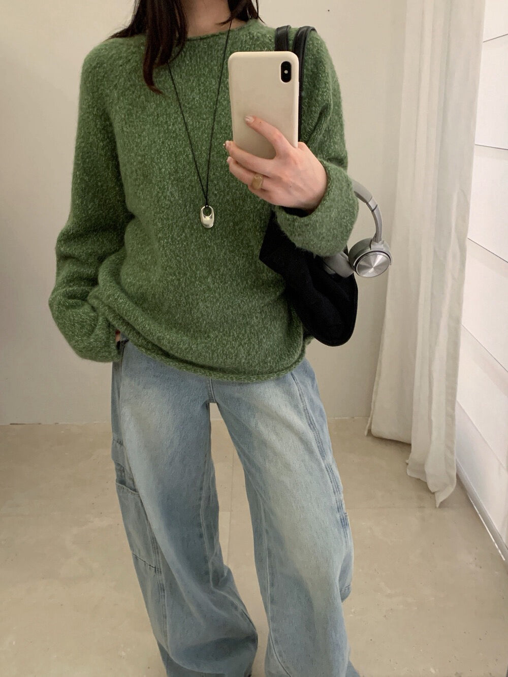 // 5%兔毛混針花線圓領卷邊毛衣