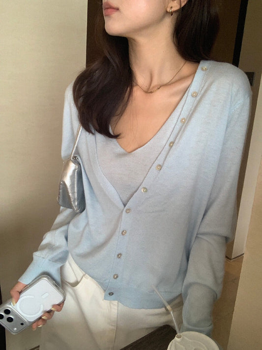 // 設計感鈕扣針織外套+背心兩件套