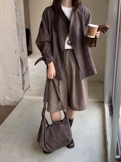 // 小立領雙排扣麂皮絨外套