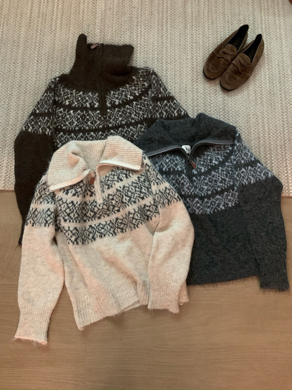 // 11%wool北歐風花紋半拉鍊可立領毛衣