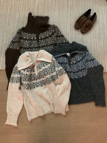 // 11%wool北歐風花紋半拉鍊可立領毛衣