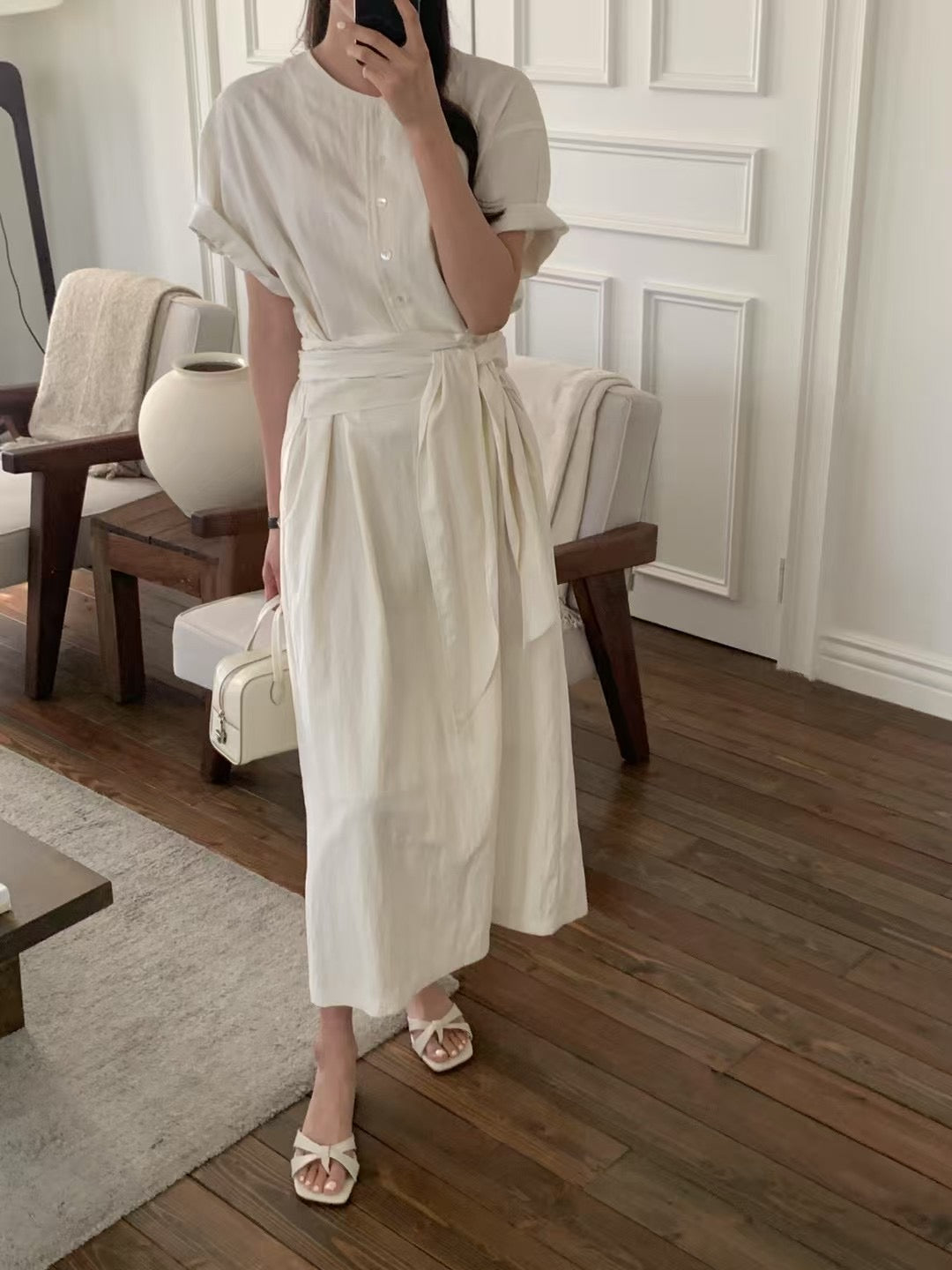 (現貨) 設計師款 // 綁帶腰半排扣短袖OPS