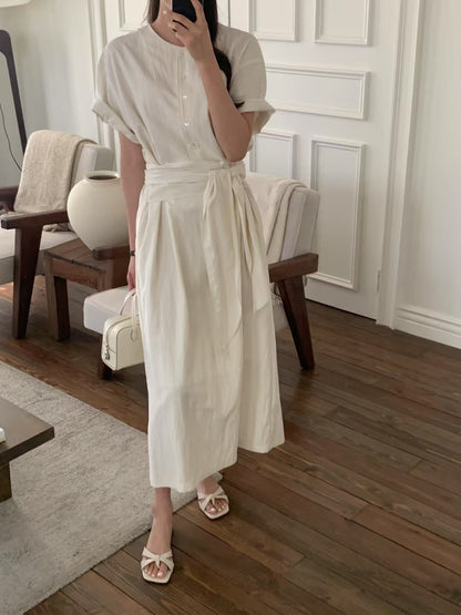 (現貨) 設計師款 // 綁帶腰半排扣短袖OPS