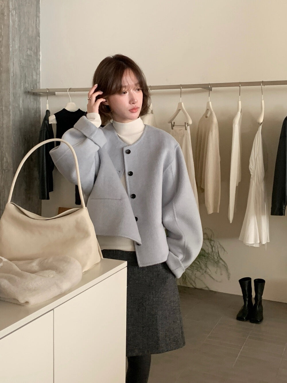 // 100%羊毛簡約圓領小口袋雙面羊毛手工外套