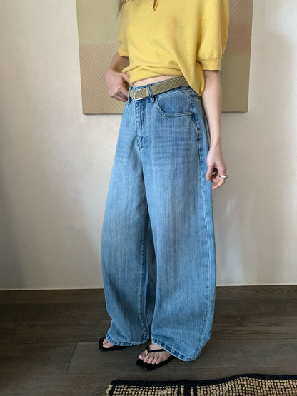 👖 慵懶洗水直闊褲牛仔褲(連腰帶)