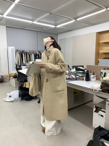 // 90%wool氣質立領長款手工羊毛外套(連袋仔)