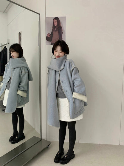 // 可雙面穿撞色縫邊70%羊毛外套(連頸巾)