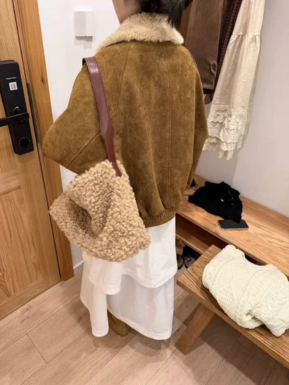 // 復古拼羊羔毛領麂皮絨外套