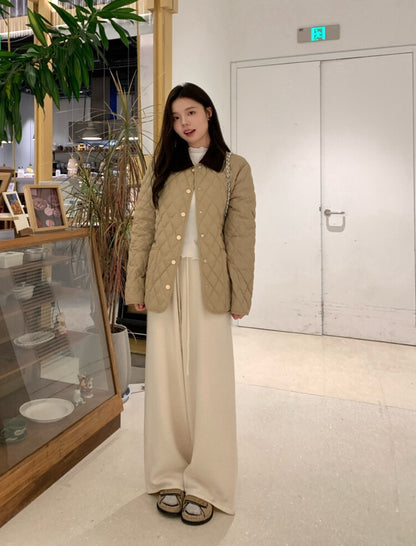 // 高品質拼燈芯絨領菱格薄夾棉外套