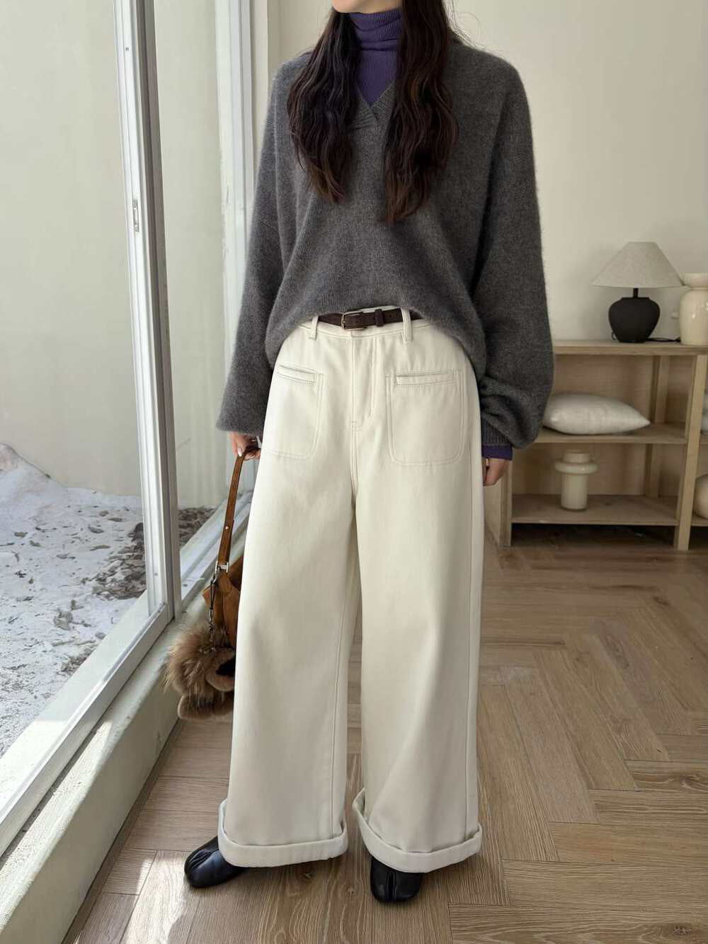 // 雙口袋裝飾加絨卷邊褲(連腰帶)