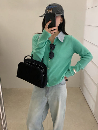 // 拼接間條恤衫領假兩件針織上衣