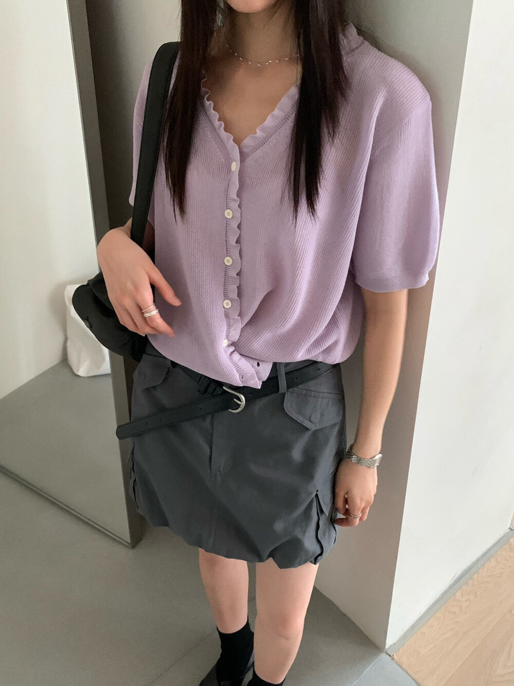 // 溫柔花邊lyocell麻短袖針織CD