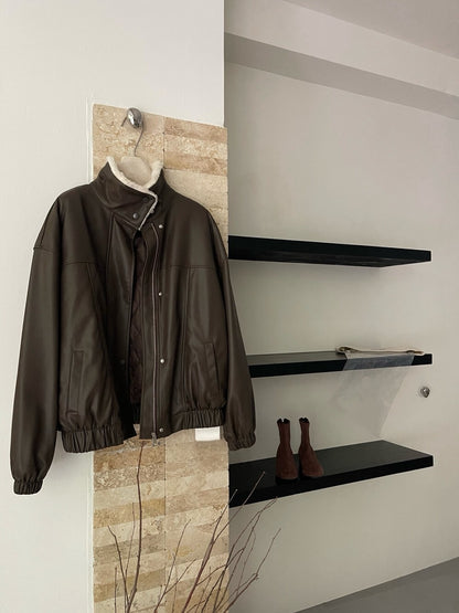 // 甜酷風毛毛領夾棉皮外套