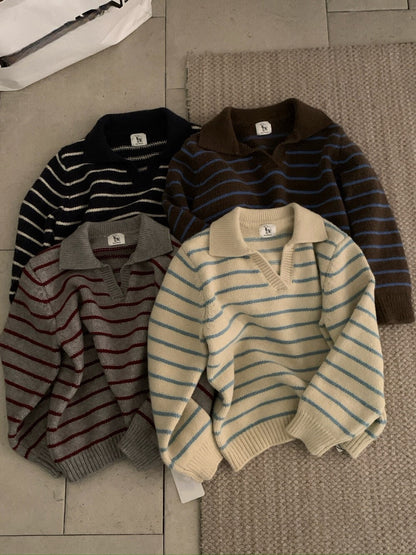 // 復古配色小V翻領間條毛衣