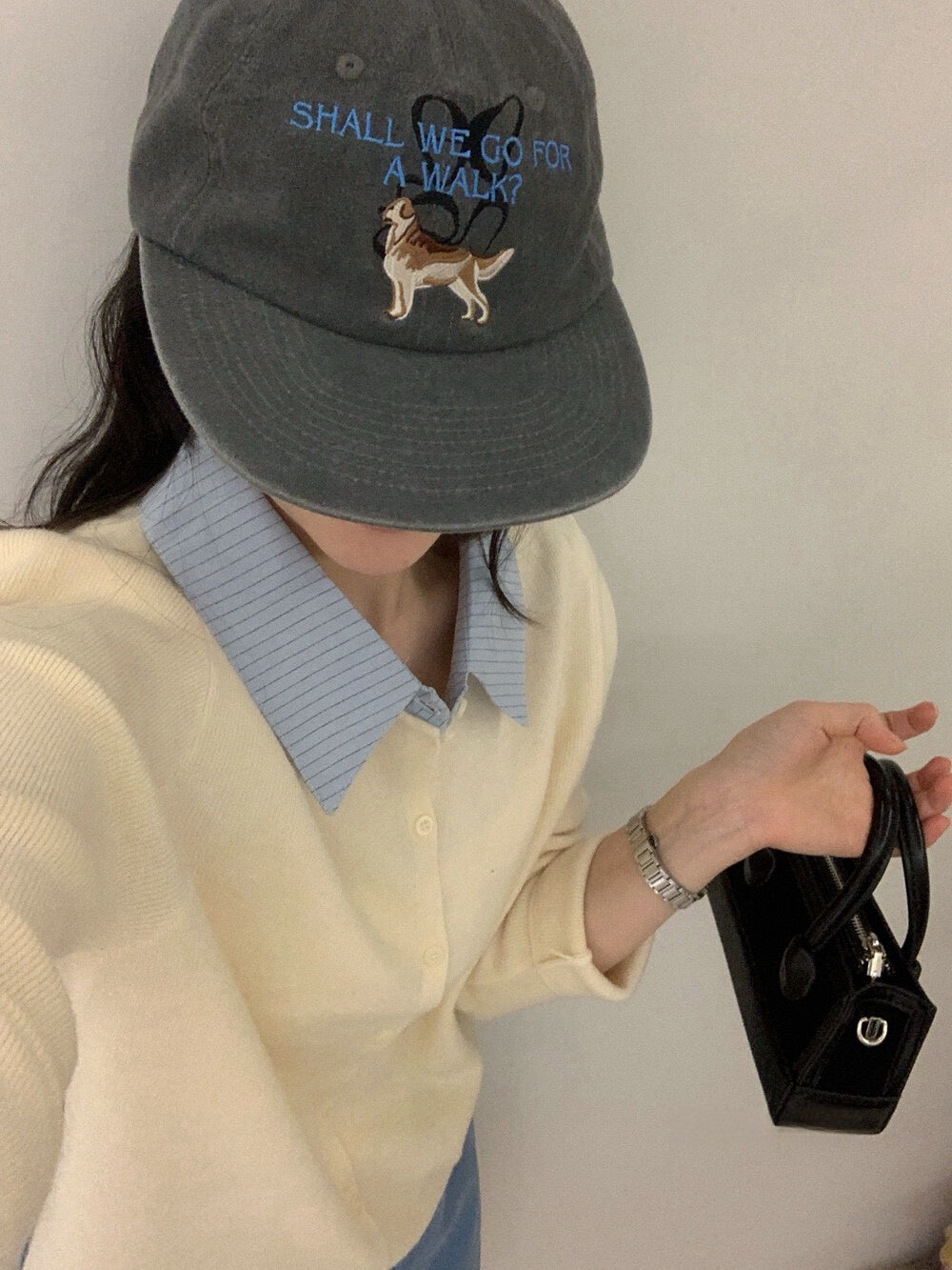 // 拼接間條恤衫領假兩件針織上衣