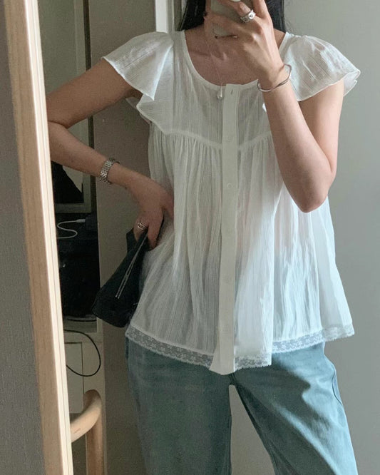 // 超精緻lace邊飛飛袖暗直紋BL