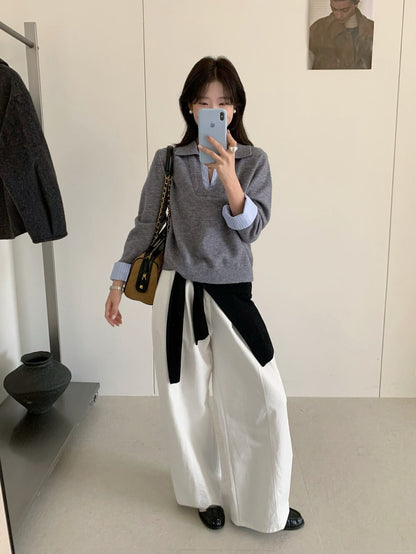 // 設計感拼接恤衫針織上衣