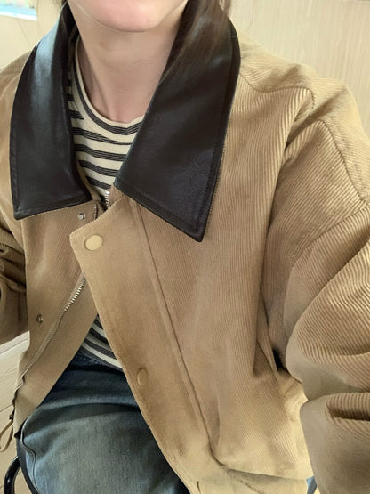 // 帥氣拼皮領燈芯絨可束腳拉鍊外套