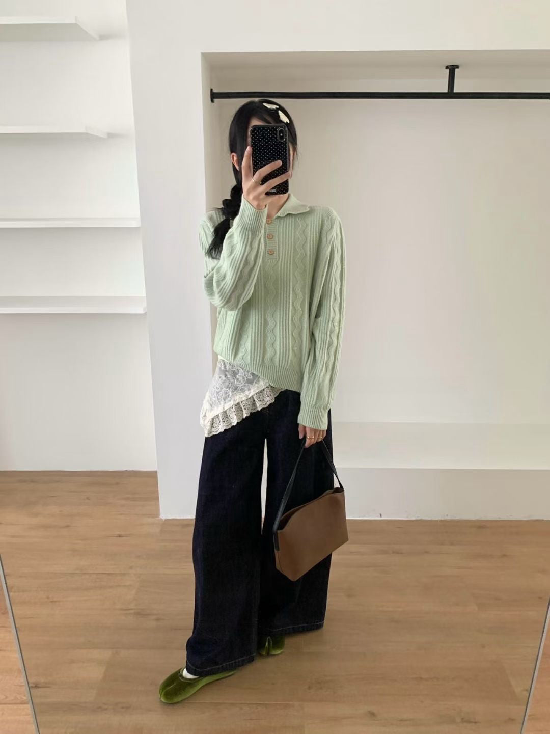 // 美美麻花織紋鈕扣翻領NT