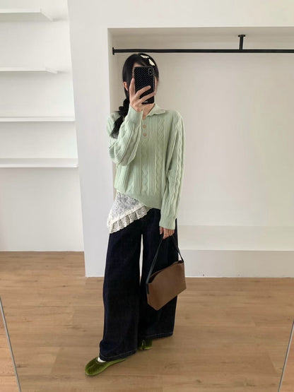 // 美美麻花織紋鈕扣翻領NT