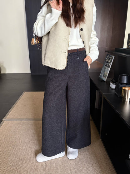 // 小口袋裝飾加絨直腳混羊毛呢褲(連腰帶)