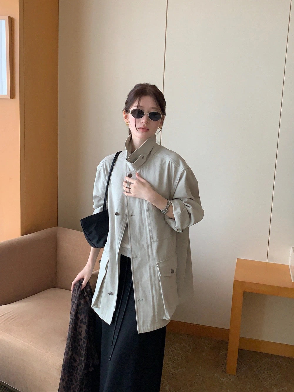 J10 / 超氣質可立領口袋中長trench coat