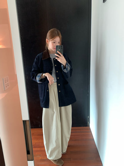 // 絨面領拼燈芯絨格紋拼布中長外套