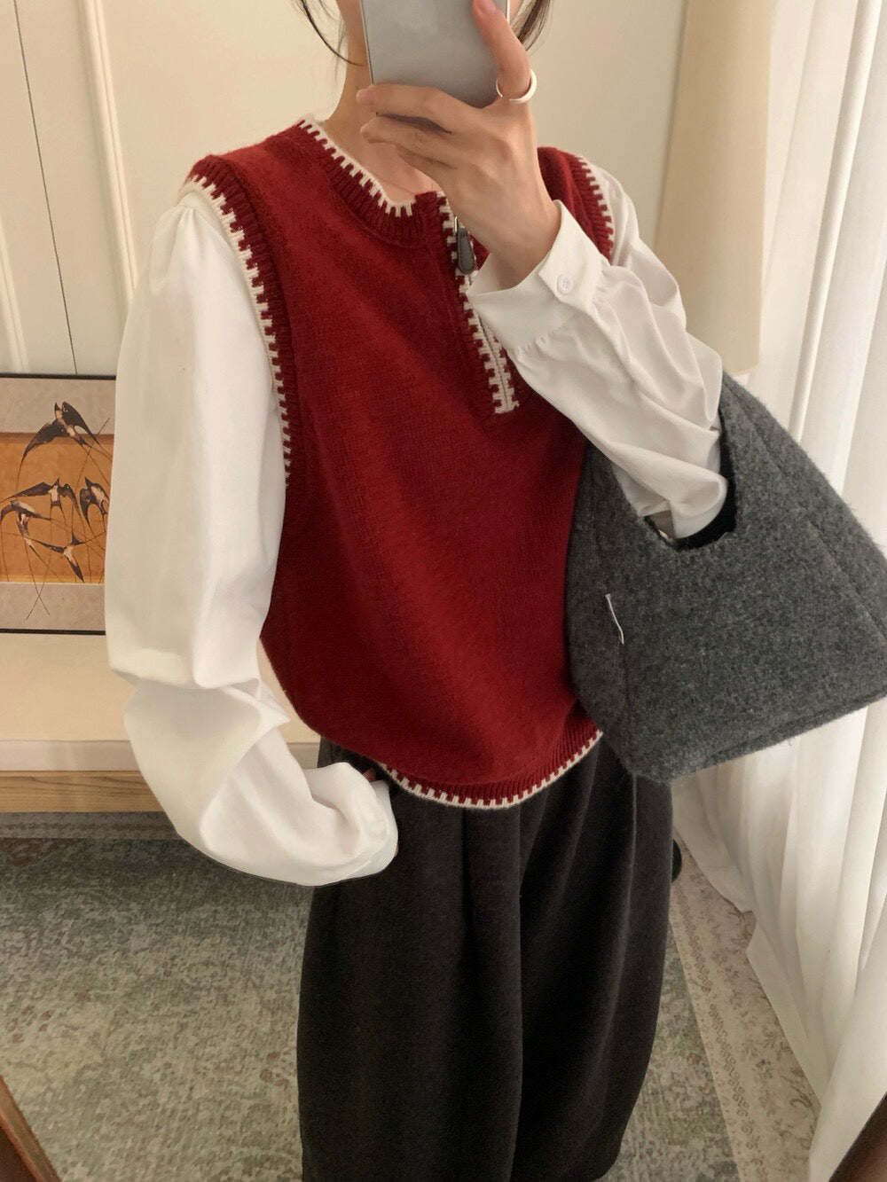 // 柔軟撞色邊拼恤衫袖假兩件上衣