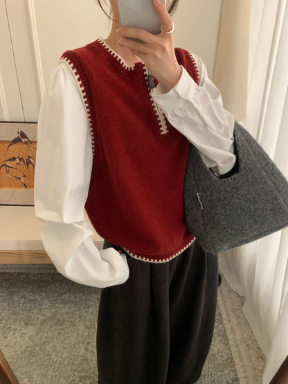 // 柔軟撞色邊拼恤衫袖假兩件上衣