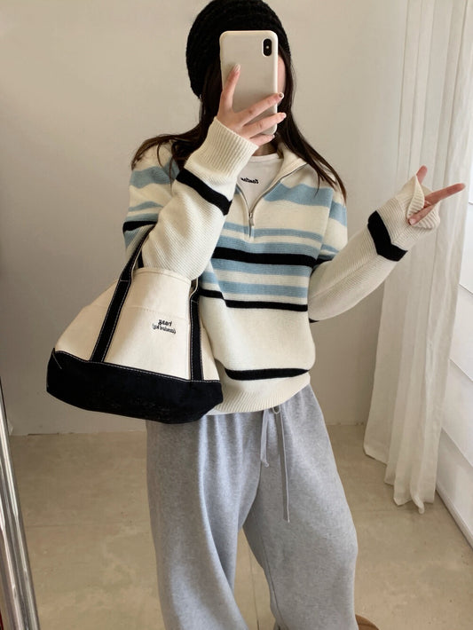 // 100%wool復古感拼間半拉鍊立領毛衣