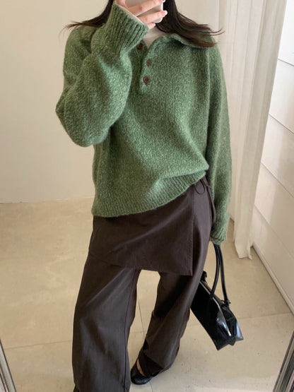 // 軟糯混兔毛花線鈕扣翻領毛衣