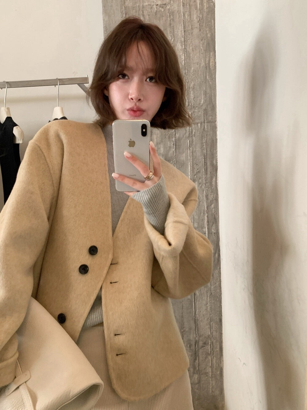 // 極美double鈕扣深V簡約100%雙面羊毛手工外套