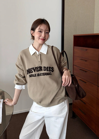B186 / 假兩件拼接翻領字母刺繡寬鬆衛衣