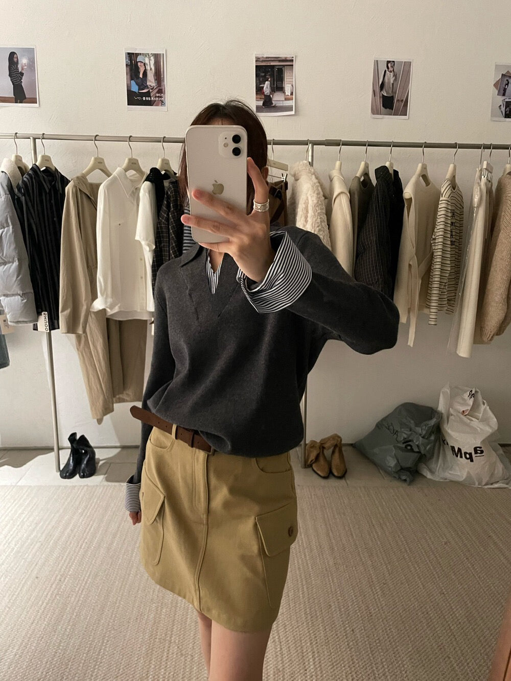 // 極簡風拼接間條恤衫假兩件翻領NT