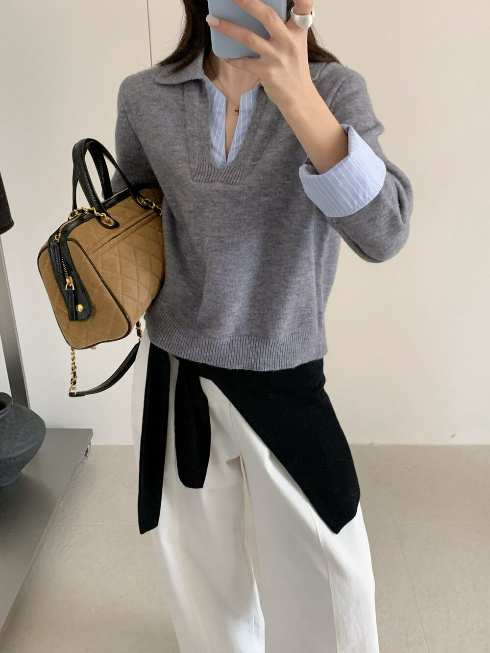 // 設計感拼接恤衫針織上衣