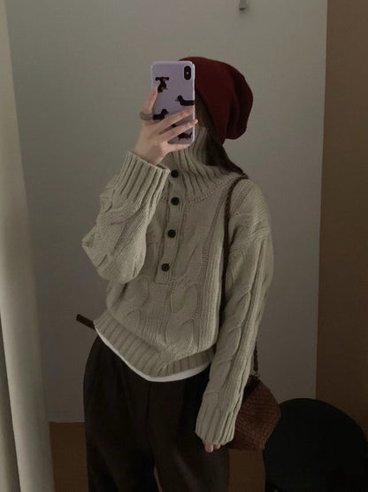 // 30%羊毛可立領鈕扣麻花毛衣