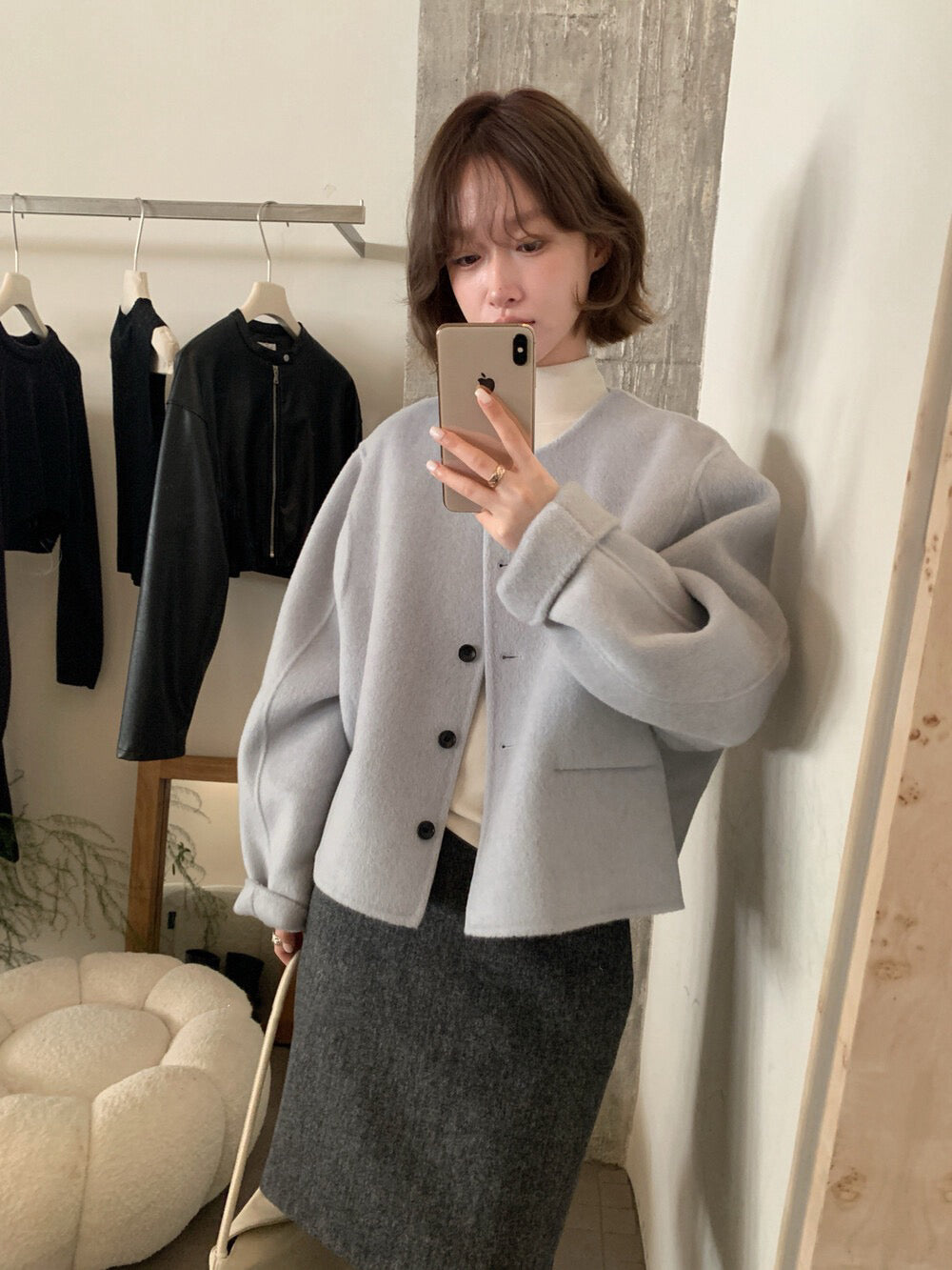 // 100%羊毛簡約圓領小口袋雙面羊毛手工外套