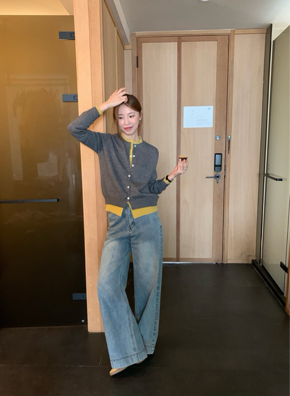 // 撞色疊穿假兩件針織外套