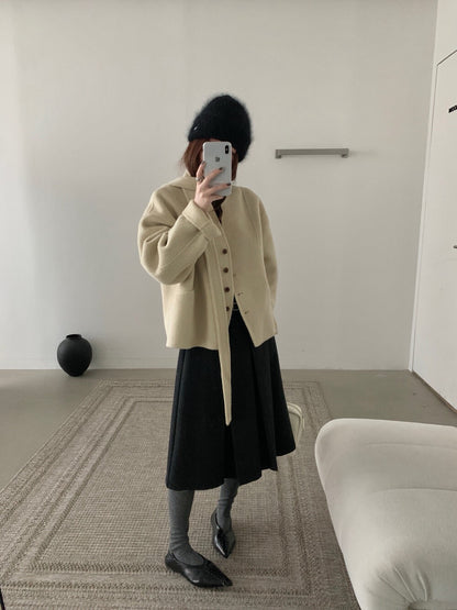 // 100%雙面羊毛handmade小V領連領帶外套