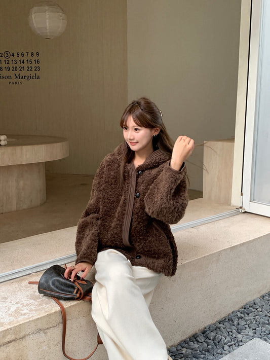 // 拼接材質可愛毛茸茸連帽外套