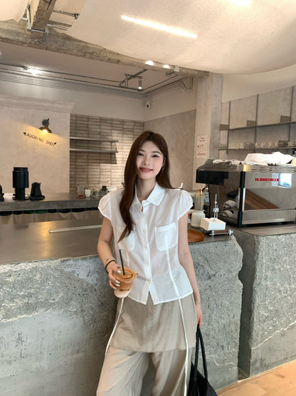// lyocell麻兩邊抽繩小短袖口袋BL