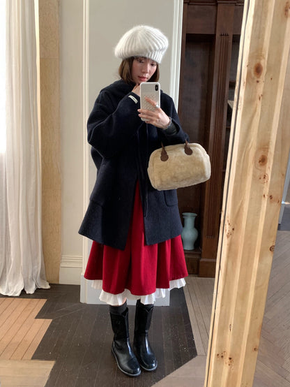 // 裙頭位超美拼接百褶腳50%羊毛中裙