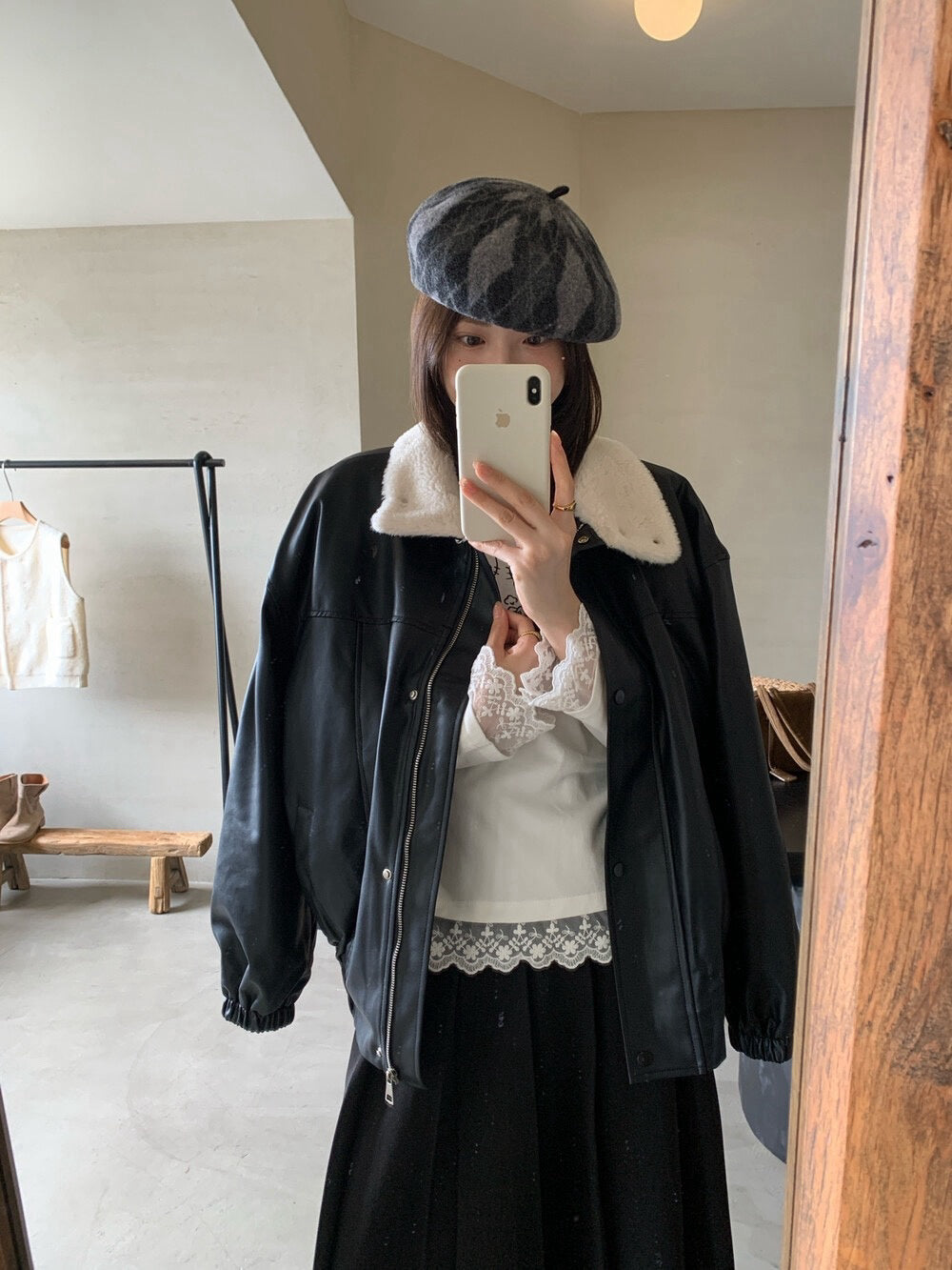 // 甜酷風毛毛領夾棉皮外套