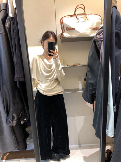 // 設計感花邊腳絲絨褲