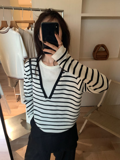 // 深V領假兩件針織上衣