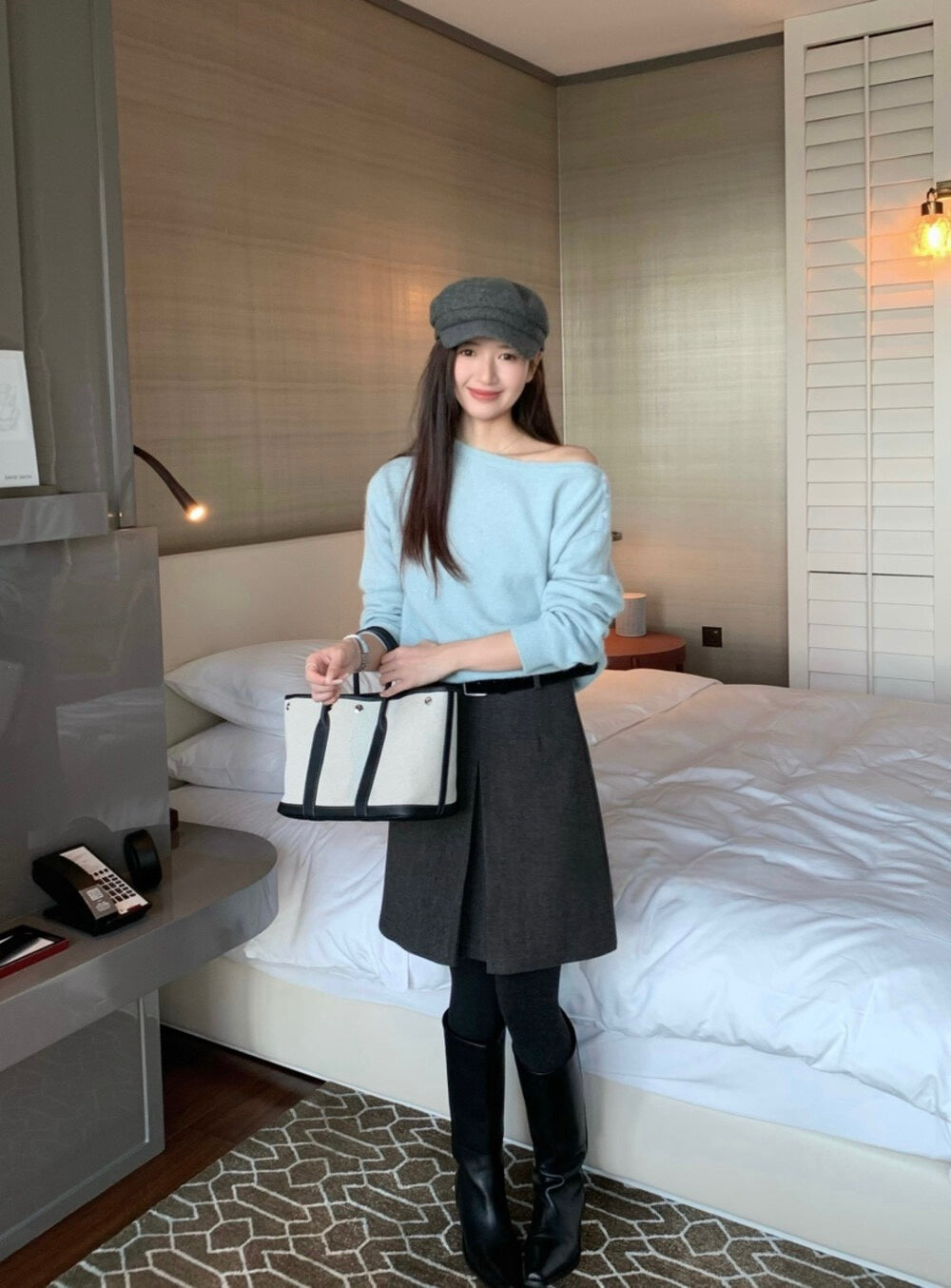 // 50%alpaca鈕扣設計斜領露肩NT