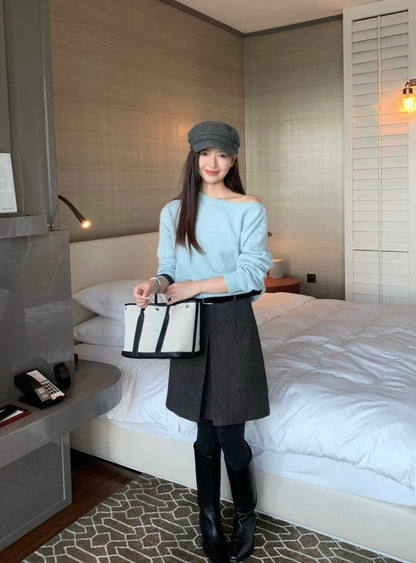 // 50%alpaca鈕扣設計斜領露肩NT