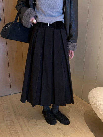// 秋冬必備粗百褶毛呢中裙(連腰帶)